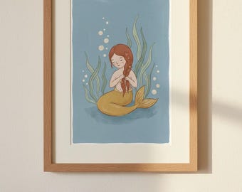 Meerjungfrau Flechten Haar Druck, Aquarell Meerjungfrau Wand Kunst, Küsten Mädchen Kinderzimmer Dekor, Wunderliche Meer Poster, digitaler Download