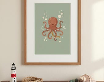 Lächelnde Krake Druck, Aquarell Ozean Kinderzimmer Wandkunst, Salbei Grün unter dem Meer Kinderzimmer Dekor, digitaler Download