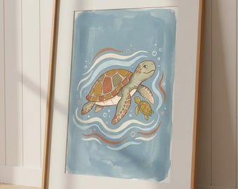 Meeresschildkröte und Baby Druck, Aquarell Ozean Kinderzimmer Wandkunst, Kinderzimmer Dekor, Vintage unter dem Meer, digitaler Download