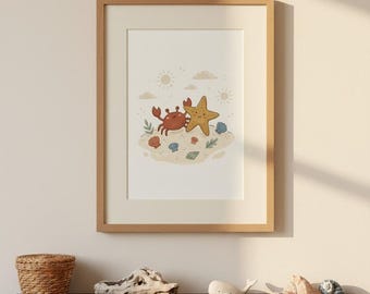 Krabbe und Seestern Druck, Küsten Kinderzimmer Wandkunst, Strand Freunde Kinderzimmer Dekor, Ocean Sea Life Poster, digitaler Download