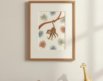 Monkey with Banana Print, Safari Nursery Wall Art, Jungle Animal Printable, Boho Kids Room Decor, Digital Download