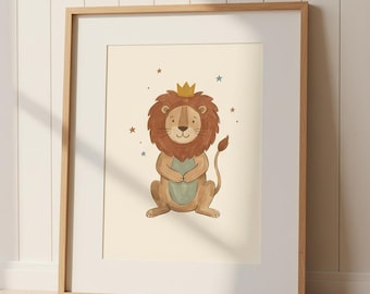 Little Lion King Print, Crowned Lion Nursery Wall Art, Safari Animal Printable, Boys Room Decor, Watercolor Digital Download