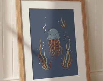 Lächelnde Qualle Druck, Aquarell Ozean Kinderzimmer Wandkunst, Unter dem Meer Kinderzimmer Dekor, Küsten Baby Druck, Digitaler Download