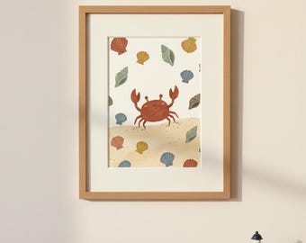 Glückliche Krabbe Druck, Aquarell Strand Kinderzimmer Wandkunst, Kinderzimmer Dekor, Muschel Poster, digitaler Download