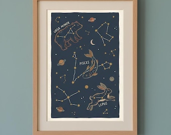 Stjärnbildskarta, Lilla björnen Fiskarna Lepus stjärnkarta, Celestial barnrumsväggkonst, Vintage rymddekor, Digital nedladdning