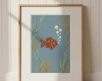 Folk Goldfisch Druck, Fisch & Luftblasen Wandbild, Ozean Poster, Ozean Bild, Vintage Meereslandschaft, 60er Jahre Kunstdruck