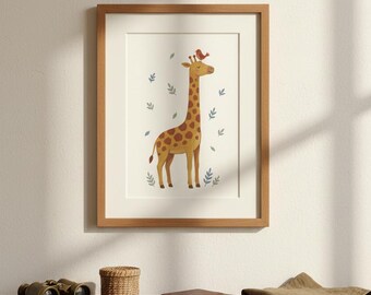 Giraff och röd fågeltryck, väggkonst för barnrum med safari, nyckfull djungeldjursaffisch, barnrumsdekor, digital nedladdning
