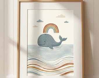 Wal und Regenbogen Druck, Boho Ozean Kinderzimmer Wandkunst, Aquarell Wal Kinderzimmer Dekor, Küsten Baby Druck, digitaler Download