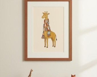 Giraffe in Striped Scarf Print, Whimsical Safari Nursery Wall Art, Cozy Boho Kids Room Decor, Digital Download Printable