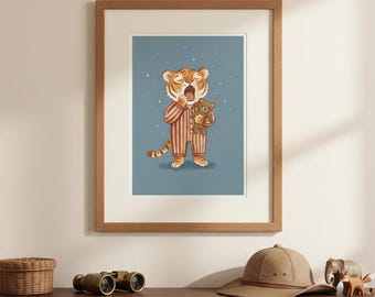 Yawning Tiger in Pajamas Print, Bedtime Nursery Wall Art, Sleepy Safari Animal Poster, Kids Room Decor, Digital Download