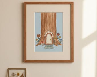 Fee Tür Baum Druck, Wald Kinderzimmer Wandkunst, Märchenbuch Kinderzimmer Dekor, Cottagecore Pilz, digitaler Download