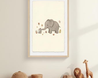 Elefant- och mustryck, nyckfull safari-väggkonst för barnrum, bohemisk djurvänner-barnrumsdekor, digital nedladdning, utskrivbar
