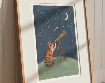 Stjärnskådarkatttryck, Tabbykatt med teleskopväggkonst, himmelsk barnkammardekor, vintage barnrumsaffisch, digital nedladdning