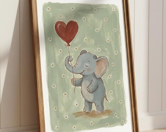 Baby Elephant Heart Balloon Print, Whimsical Nursery Wall Art, Sage Green Daisy Kids Room Decor, Digital Download Printable