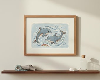 Delfin Freunde Poster, Vintage Ocean Kunstdruck, Kinderzimmer Dekor, Kinderzimmer Dekor, wunderliches Meer Leben Poster, digitaler Download