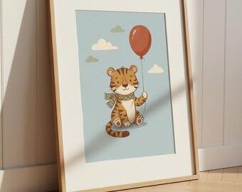 Tiger med röd ballongtryck, nyckfull safari-väggkonst för barnrum, bohemisk barnrumsdekor, babydjurposter, digital nedladdning