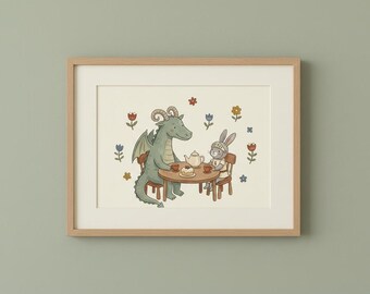 Drachen und Ritter Hase Teeparty Druck, Märchenbuch Kinderzimmer Wandkunst, Mythisches Kinderzimmer Dekor, digitaler Download