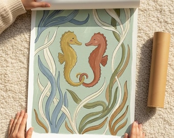 Seepferdchen Paar Druck, Aquarell Ozean Kinderzimmer Wandkunst, Vintage Küsten Kinder Zimmer Dekor, Meeresleben druckbare, digitaler Download