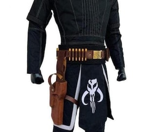 Fantasia de Caçador de Recompensas Mandaloriano para Cosplay | Macacão Tático de Voo Preto com Cinto de Coldre | Traje Personalizado de Guerreiro de Ficção Científica
