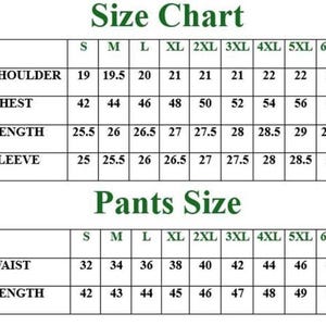 May include: A size chart table with dark green text headers labeled Size Chart and Pants Size. The tables display numerical measurements for shoulder, chest, length, and sleeve for tops, and waist and length for pants, ranging from size S to 6XL.
