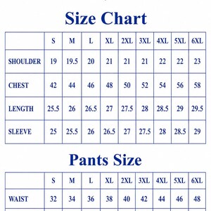 May include: A white size chart for Mandex props featuring two tables. The top table lists shoulder, chest, length, and sleeve measurements in inches for sizes S through 6XL. The bottom table lists waist and length measurements for pants.