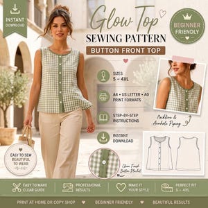 May include: A sewing pattern for a sleeveless button-front top with a green and white gingham check print. The pattern includes sizes S-4XL, A4, US Letter, and A0 print formats, step-by-step instructions, and details for neckline and armhole piping.