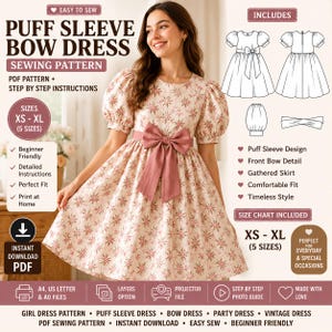May include: A floral puff sleeve bow dress sewing pattern with the text "Easy to Sew". The pattern includes sizes XS-XL and is beginner-friendly. The dress features a front bow detail and gathered skirt. The image also includes a size chart.