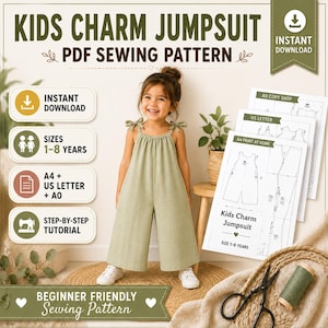 May include: A digital PDF sewing pattern for a kids' jumpsuit, featuring a child wearing a sage green jumpsuit with tie straps. The image includes text: KIDS CHARM JUMPSUIT, PDF SEWING PATTERN, INSTANT DOWNLOAD, SIZES 1-8 YEARS, A4 + US LETTER + A0.