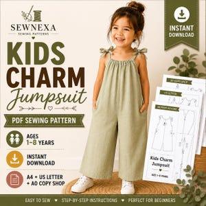 Puede incluir: Un mono de color verde salvia con tirantes anudados y perneras anchas. La imagen incluye el texto SEWNEXA KIDS CHARM Jumpsuit PDF SEWING PATTERN, AGES 1-8 YEARS, INSTANT DOWNLOAD y A4 + US LETTER + AO COPY SHOP, junto a hojas de patrones.
