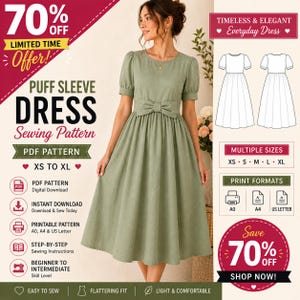 Könnte beinhalten: Ein digitales Schnittmuster für ein salbeigrünes Midikleid mit Puffärmeln, rundem Ausschnitt und einer Schleife in der Taille. Das PDF-Schnittmuster umfasst die Größen XS bis XL, ist in A0, A4 und US Letter druckbar und enthält eine Anleitung.