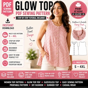 May include: A PDF sewing pattern for a sleeveless "Glow Top" with a button-front design, featuring a pink and white gingham pattern. The pattern includes a step-by-step tutorial and is available in sizes S-4XL. The image also includes the text "Instant Download".
