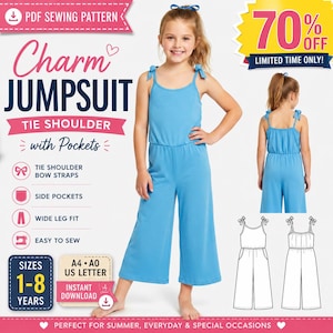 May include: A PDF sewing pattern for a light blue jumpsuit featuring tie shoulder bow straps, side pockets, and a wide leg fit. The pattern is available for sizes 1-8 years and includes A4, A0, and US letter formats for instant download.