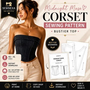 Könnte beinhalten: Ein Schnittmuster für ein Midnight Muse Korsett-Bustier-Top. Das Bild zeigt ein trägerloses Korsett aus dunklem Denim mit vertikalen Nähten, neben gedruckten Schnittmusterbögen, Textetiketten für die Größen XS-XL und Symbolen für den Sofort-Download.