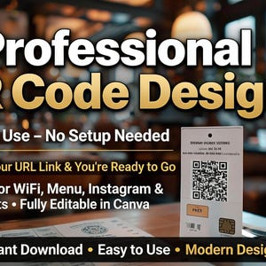 Puede incluir: Imagen que promociona 4 diseños profesionales de códigos QR. El texto destaca la facilidad de uso, incluyendo la adición de una URL, compatibilidad con WiFi, menús, Instagram y pagos. El diseño es totalmente editable en Canva.