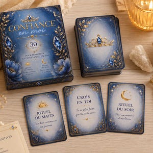 May include: A deck of 30 blue and gold affirmation cards titled Confiance en moi, featuring a crown and floral illustrations. The set includes a box, a stack of cards, and three individual cards displaying Rituel du matin, Crois en toi, and Rituel du soir.