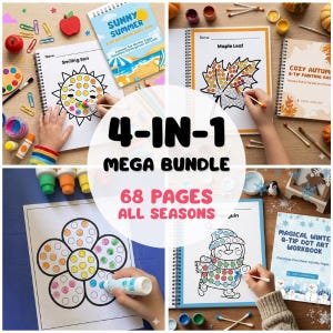 May include: A 4-in-1 mega bundle of dot art workbooks with 68 pages for all seasons. The image shows four different workbooks with illustrations of a smiling sun, maple leaf, penguin, and flower. The workbooks are designed for Q-tip painting.