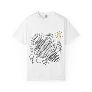 Childlike Scribble Sun with Stick Figure T-Shirt | Doodle Art Tee