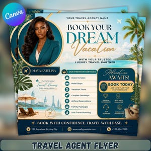 Op de afbeelding: Een reisbureau-flyer met een portret van een persoon in een blauwgroene blazer, tropische strandbeelden en tekst waaronder "BOOK YOUR DREAM VACATION," "MAYA KATELINA," "OUR PREMIUM SERVICES," "ADVENTURE AWAITS," en "BOOK WITH CONFIDENCE. TRAVEL WITH EASE."