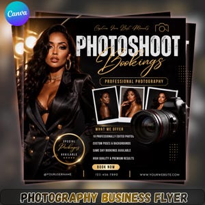 May include: A black and gold photography business flyer featuring a person in a black blazer, three portrait photos, a camera lens, and text including "PHOTOSHOOT BOOKINGS," "PROFESSIONAL PHOTOGRAPHY," "WHAT WE OFFER," and "BOOK NOW" with contact details.