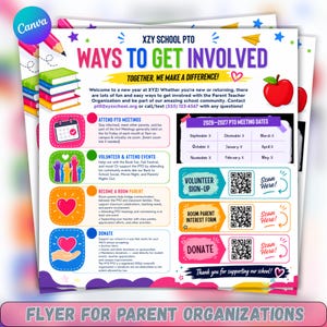 Puede incluir: Un folleto escolar colorido titulado WAYS TO GET INVOLVED con secciones para reuniones, voluntariado y donaciones. Incluye una pila de libros, una manzana roja, códigos QR para registrarse y texto con información de contacto y fechas.