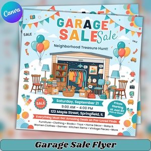 Könnte beinhalten: Ein Garagenflohmarkt-Flyer mit hellblauem Hintergrund, bunten Wimpeln, Luftballons und einer Garagengrafik. Der Text enthält GARAGE SALE, Neighborhood Treasure Hunt, Samstag, 21. September, 9:00 - 16:00 Uhr, 123 Maple Street, Springfield, IL.