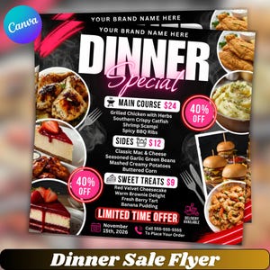 Op de afbeelding: Een diner special flyer met de tekst DINNER Special, met een lijst van hoofdgerechten zoals gegrilde kip, krokante meerval, garnalen scampi en BBQ-ribbetjes, plus bijgerechten en desserts zoals red velvet cheesecake.