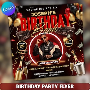 Puede incluir: Un folleto de fiesta de cumpleaños con una persona con chaqueta negra y roja, cadenas de oro y gafas de sol. El texto dice Joseph's Birthday Bash, 26th Birthday, Sunday 25 Aug, 10PM-2AM, 123 Main Street, New York 67890, RSVP 123-098-0000, Free Parking, Free Drinks, Hip Hop Music.