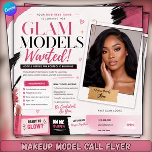 Mall för utlysning av sminkmodell, sökannons för skönhetsmodell, reklam för makeupartist, redigerbar Canva-mall (digital nedladdning)