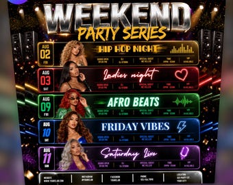 Może przedstawiać: Cyfrowa ulotka wydarzenia zatytułowana WEEKEND PARTY SERIES zawierająca pięć poziomych sekcji na daty w sierpniu. Każda sekcja przedstawia portret innej osoby, tytuły wydarzeń, takie jak Hip Hop Night i Ladies Night, oraz szczegóły.