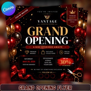 Può includere: Un volantino di inaugurazione nero e oro per Vantage Lifestyle Store con palloncini rossi e dorati, un nastro rosso e forbici. Il testo include "You're Invited", "Grand Opening", "May 25, 2025", "123 Elegance Avenue" e "Up to 30% off".