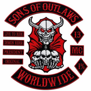 May include: A set of embroidered patches featuring a large central emblem of a horned skull with red eyes above three smaller skulls. The text reads SONS OF OUTLAWS, WORLDWIDE, LIVE TO RIDE, DEMON RIDER, PRESIDENT, ORIGINAL, 13, MC, and 1% in red.