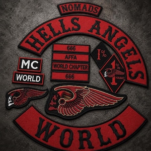 May include: A collection of embroidered patches featuring red and black color schemes. The set includes a large arched Hells Angels patch, a Nomads rocker, a World rocker, rectangular patches with 666, AFFA, and World Chapter text, and winged skull emblems.
