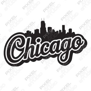 May include: Black and white Chicago skyline design. The word "Chicago" is written in a stylized font, with the city's silhouette above. The design is set against a white background.