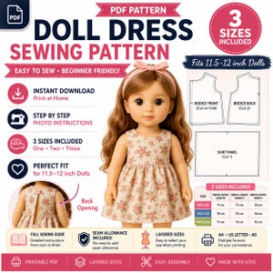 Pode incluir: Um molde de costura em PDF para vestido de boneca, com texto e diagramas para três tamanhos para bonecas de 29-30 cm. A imagem mostra uma boneca com um vestido bege de estampa floral rosa e uma faixa rosa, com uma vista das costas.